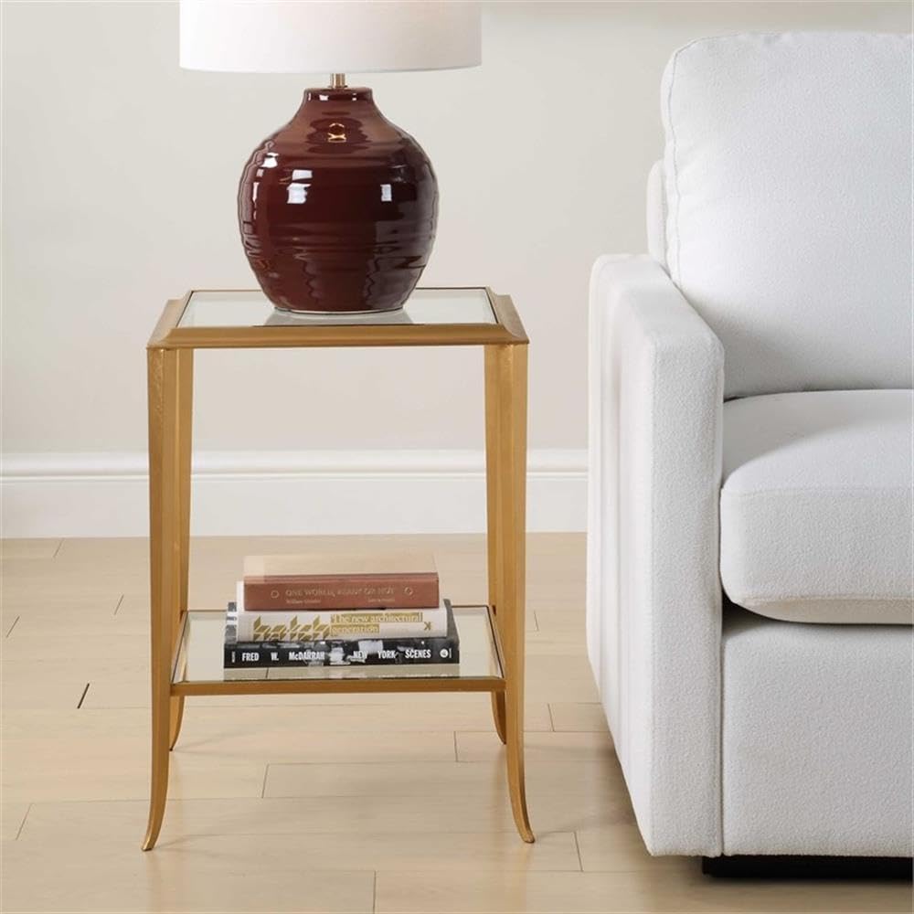 Pemberly Row Contemporary End Table, Iron Frame, Radiant Gold Leaf Finish, Beveled Tempered Glass Shelves, Flared Design, Durable Living Room Side Table