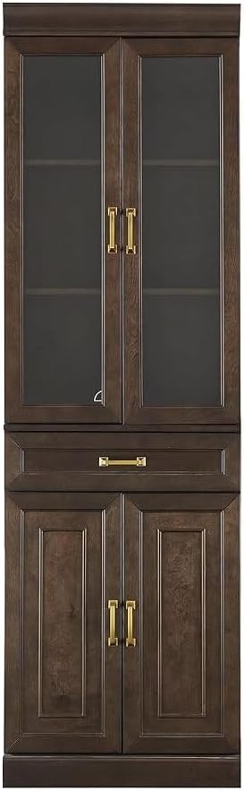 HomeStock Renaissance Refinement Stanton Glass Door Kitchen Storage Pantry Cabinet - 14.5" D x 23.75" W x 78" H, Durable, Adjustable Shelf, Floor Mountable, Rectangular