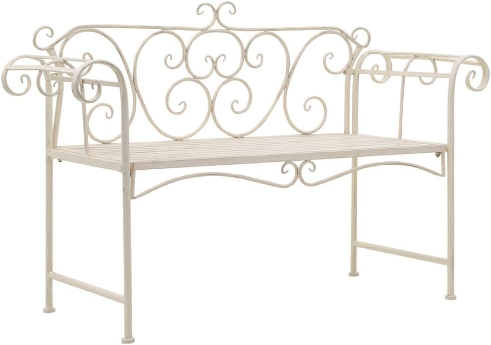 52 inch Garden Bench Outdoor Metal Seating Antique White Scroll Pattern Patio Furniture for Balcony Backyard Porch