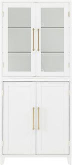 HomeStock Pantry Storage Cabinet with Glass Door - White Wood Kitchen Hutch & Shelves - 30" W x 15.75" D x 70.63" H