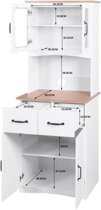 White Wooden Kitchen Cabinet, Pantry Storage Unit with Framed Glass Doors, Microwave Stand & Drawer, for Living Room, Dining Room, or Kitchen