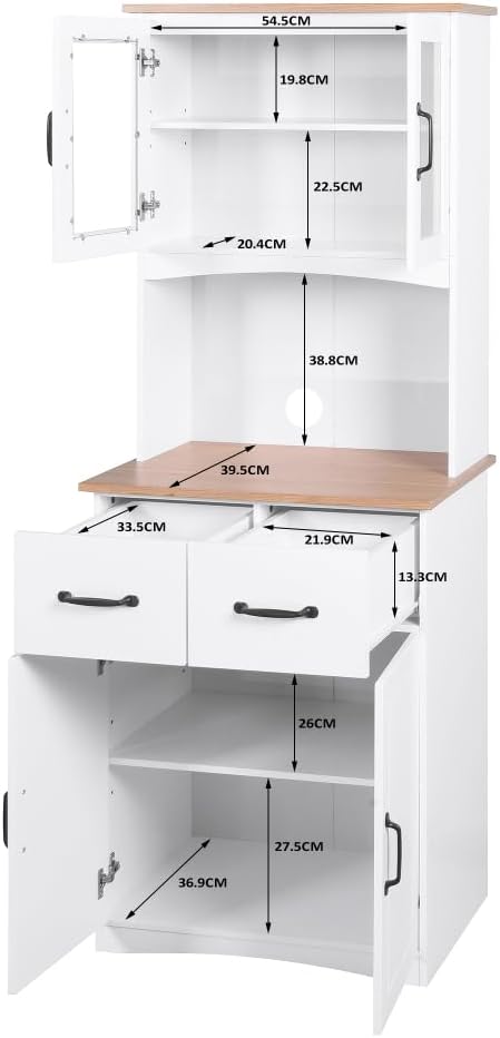 White Wooden Kitchen Cabinet, Pantry Storage Unit with Framed Glass Doors, Microwave Stand & Drawer, for Living Room, Dining Room, or Kitchen