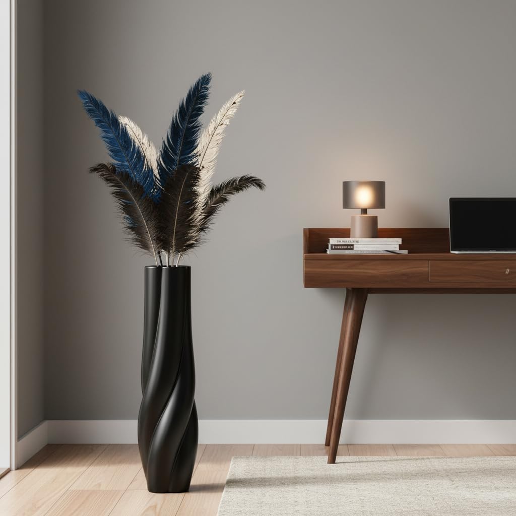 Modern Black Floor Vase, 24 Inch Tall Resin Home Decor Vases, Large Sturdy Vase for Living Room, Office, Bedroom Decor with 5" Opening for Dried Pampas Grass, Branches & Feathers