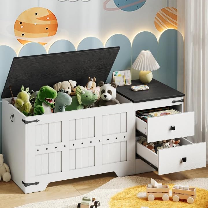 HOOBRO Storage Bench, Toy Box with Dual Drawers and Safe Hinge, Storage Chest with Extra-Long Thick Top, Easy Assembly, for Living Room, Bedroom, White and Black WB212CW01