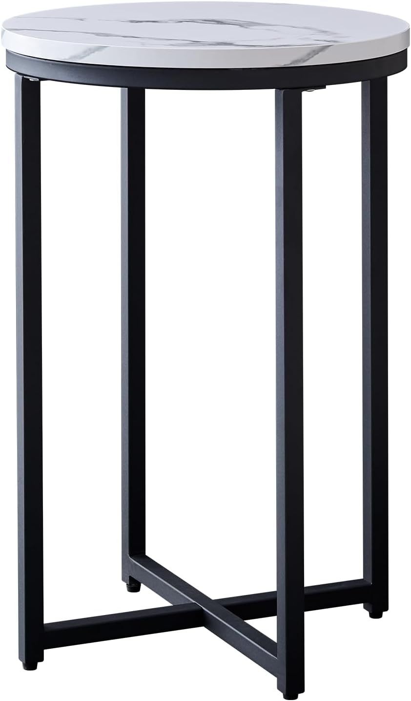 Modern Side Table with Faux Marble MDF Top, Black Metal X-Base, Compact End Table for Small Spaces Living Room Bedroom, Stable and Easy to Assemble