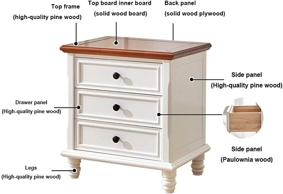 Nightstand Simple Modern Solid Wood Bedside Storage Cabinet with 3 Layers of Drawers And 4 Wooden Feet Bedroom Light Luxury Bedside Table Needed