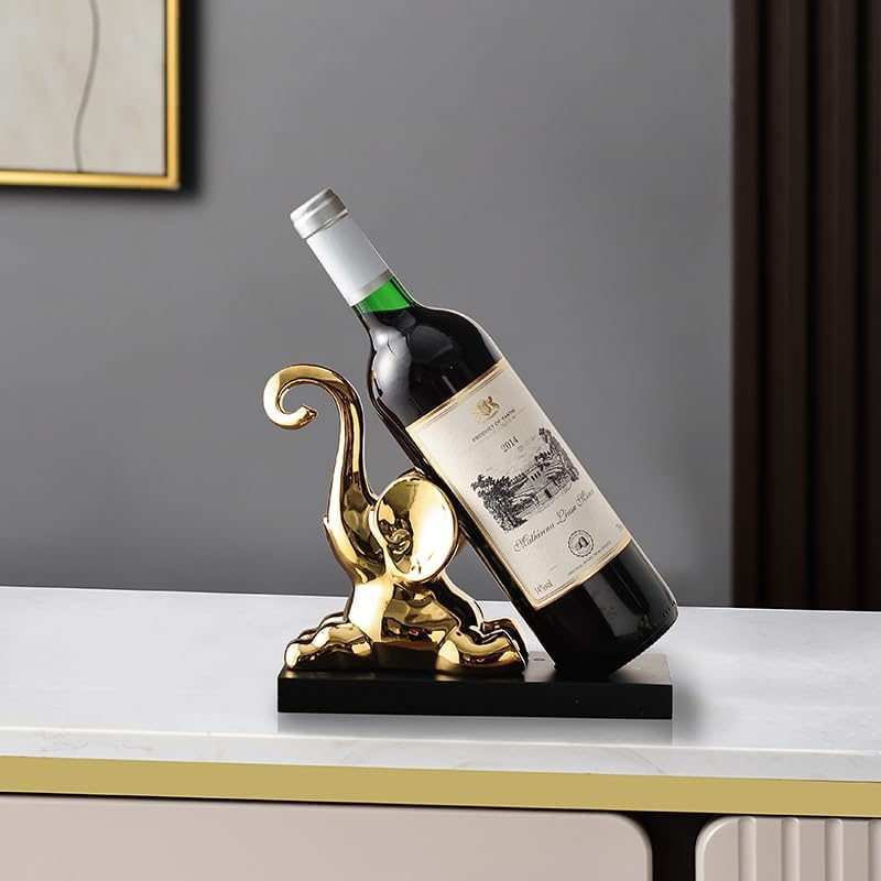 ELEGANTZ Modern Wine Bottle Holder – Decorative Elephant Design with Chrome Finish – Single Bottle Display Stand for Countertop, Bar, or Dining Table – Elegant Wine Rack with Black Base