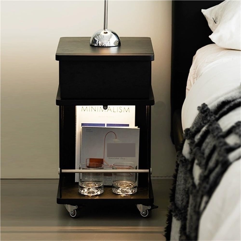 Wooden Night Stand, Minimalist Design Black Bedside Table with Open Storage, Modern End Table with Drawers for Living Room and Bedroom