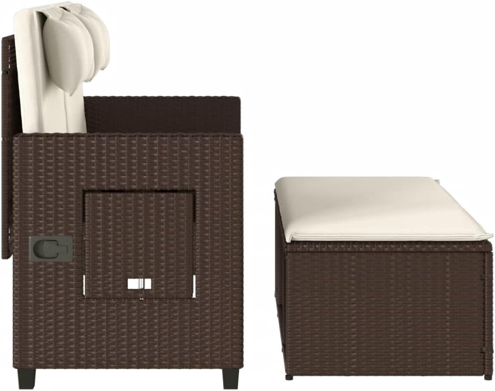 Garden Bench Brown, Cream White,Reclining Garden Bench with Adjustable Armrests & Luxurious Cushions Brown Poly Rattan Outdoor Seating for or Terrace Patio Furniture