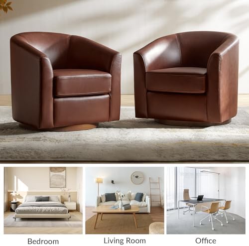 HULALA HOME Genuine Leather Swivel Barrel Chair with Solid Wood Base, Brown | Transitional Round Swivel Accent Chair with Flared Armrests, No Assembly Required, for Living Room Bedroom Reading Relaxation