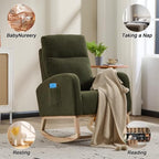Green Teddy Rocking Chair for Nursery, Upholstered Glider Rocker with High Backrest and Side Storage Pocket, Comfy Accent Armchair with Solid Wood Legs for Living Room Bedroom Reading