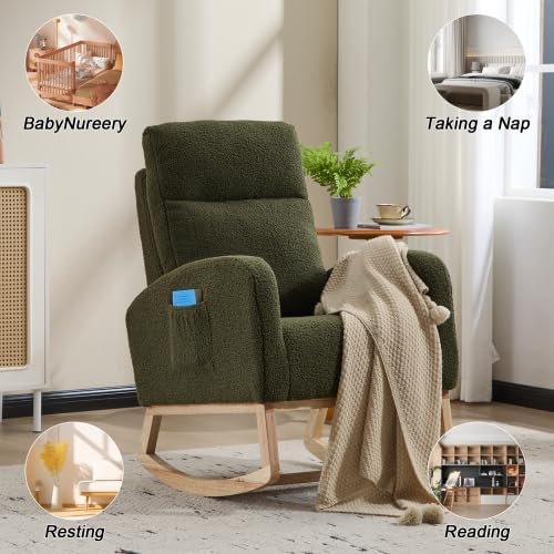 Green Upholstered Teddy Glider Rocker, High Back Armchair with Side Pocket and Solid Wood Legs, Modern Nursery Rocking Chair for Living Room Bedroom Office