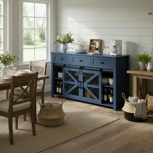Virubi 55 in Sideboard Buffet Cabinet with Storage,Sliding Barn Doors,3 Drawers and Shelves,Farmhouse Coffee Bar Cabinet for Living Room,Hallway,Entryway,Navy Blue