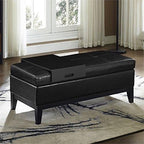 42"W Leather Storage Ottoman Bench with Lift Top and Trays, Footrest with Large Storage Space, Black Storage Chest with Wood Legs, Queen Size End of Bed Bench with Hidden Space for Blankets