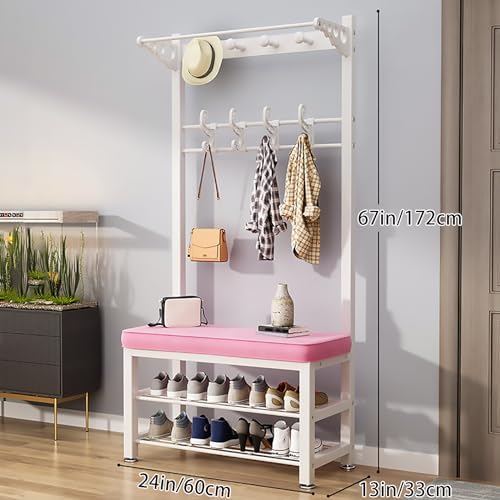 Coat Rack Hall Tree with Shoe Bench for Entryway, Metal Coat Stand with Hooks Clothes Hat Rack Shelf Metal Frame for Bedroom Living Room Hallway,White-24in