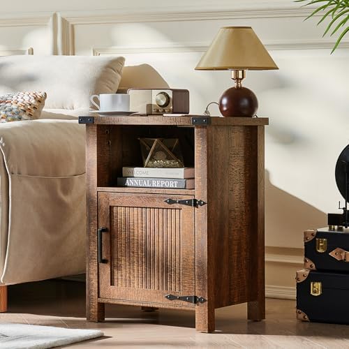 Joaxswe 18-Inch Nightstand with Charging Station and Fluted Door,Brown | 18-inch bedside table with AC and USB charging, open storage and a magnetic fluted door for bedroom essentials