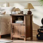 Joaxswe 18-Inch Nightstand with Charging Station and Fluted Door,Brown | 18-inch bedside table with AC and USB charging, open storage and a magnetic fluted door for bedroom essentials