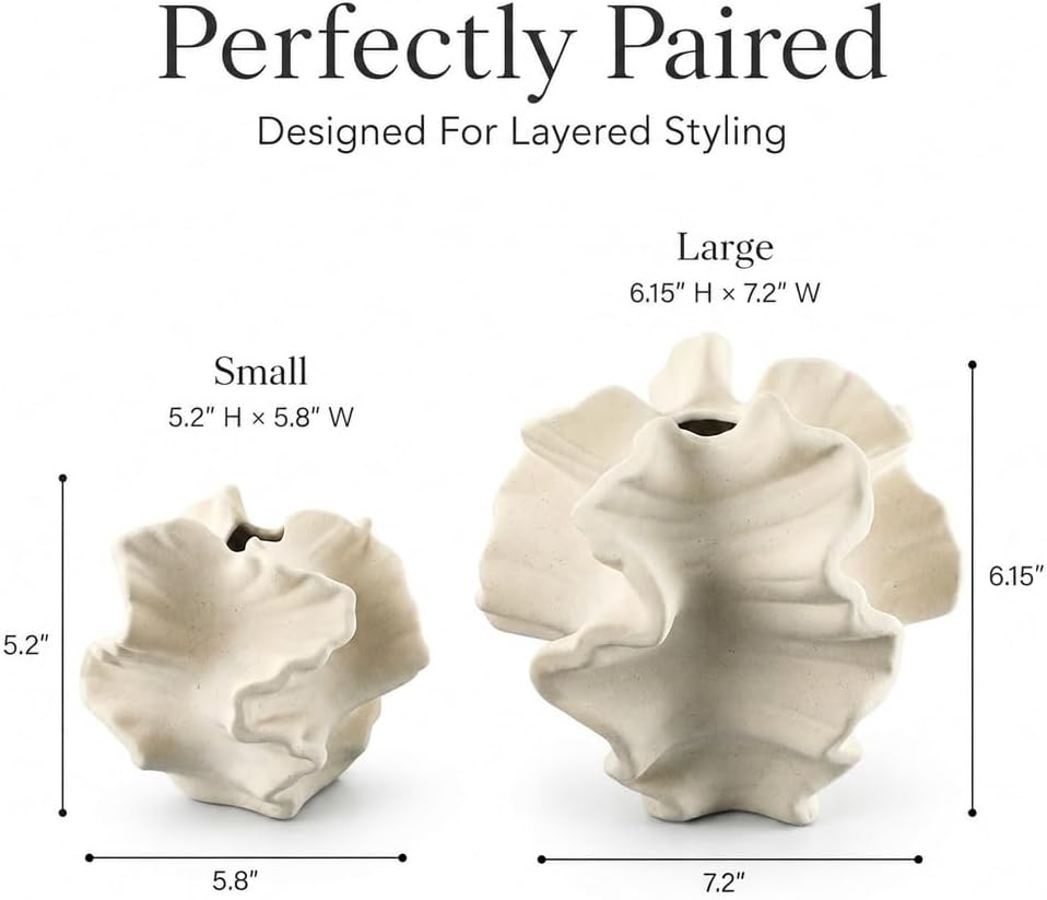 White Coral Vase Set of 2, Rustic Ceramic Flower Vase, Boho Farmhouse Coastal Charm Style, Decorative Pampas Vases for Home Living Room, Kitchen, Coffee Table, Bathroom, Shelf, Entryway & Fireplace