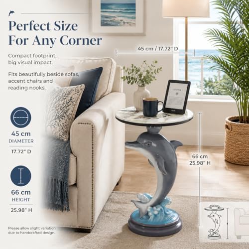 Luxury Dolphin Side Table, White Faux Marble Top Accent End Table, Decorative Animal Sculpture Furniture for Living Room, Bedroom, Entryway Home Decor