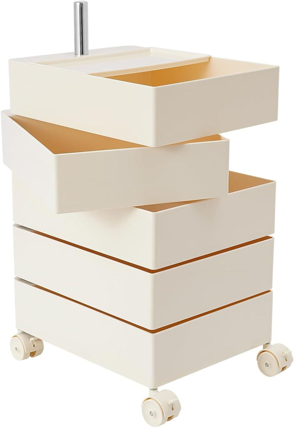 360° Rotating Side Table with 5 Drawers, Movable Storage End Table Sofa Side Cabinet with 4 Universal Casters With Brakes, Rotating Storage Rack 16.3*12.4*24in for Living Room, Bedroom, Office (White)