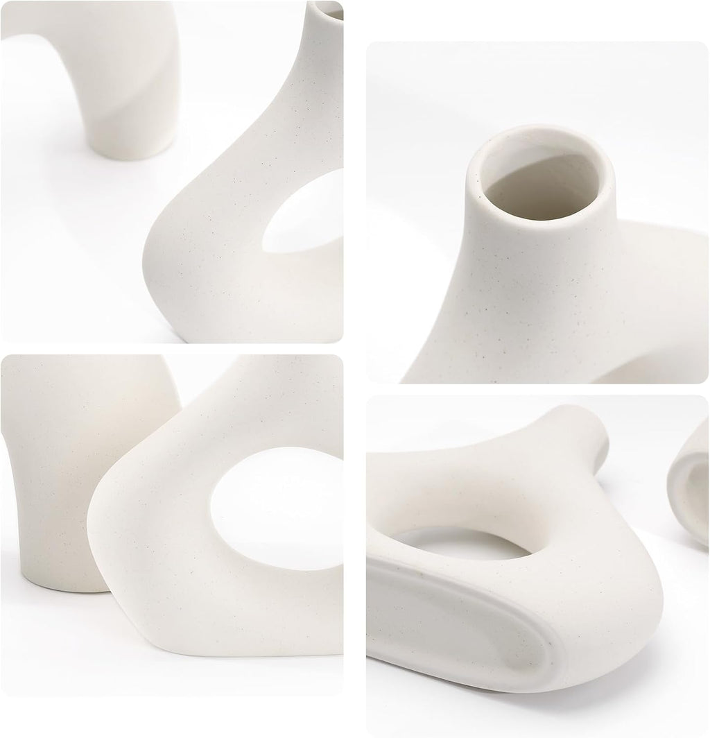 White Ceramic Vase Set of 2, Minimalist Hollow Donut Vases for Pampas Grass, Dried Flowers, Table, Countertops, Boho Modern Decorative Vase for Home Decor, Living Room, Bedroom, Farmhouse