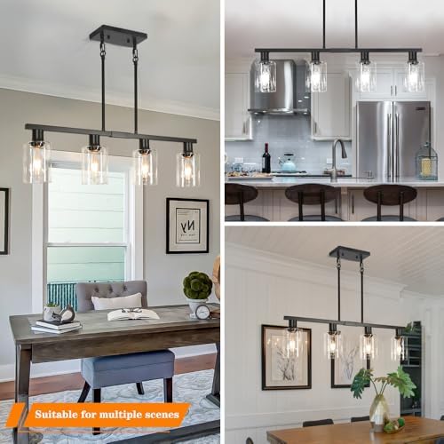 4-Light Kitchen Island Lighting, Black Simplicity Bar Island Lights for Kitchen, Farmhouse Chandelier with Adjustable Height & Clear Glass Shades, Linear Hanging Dining Room Light Fixture Over Table