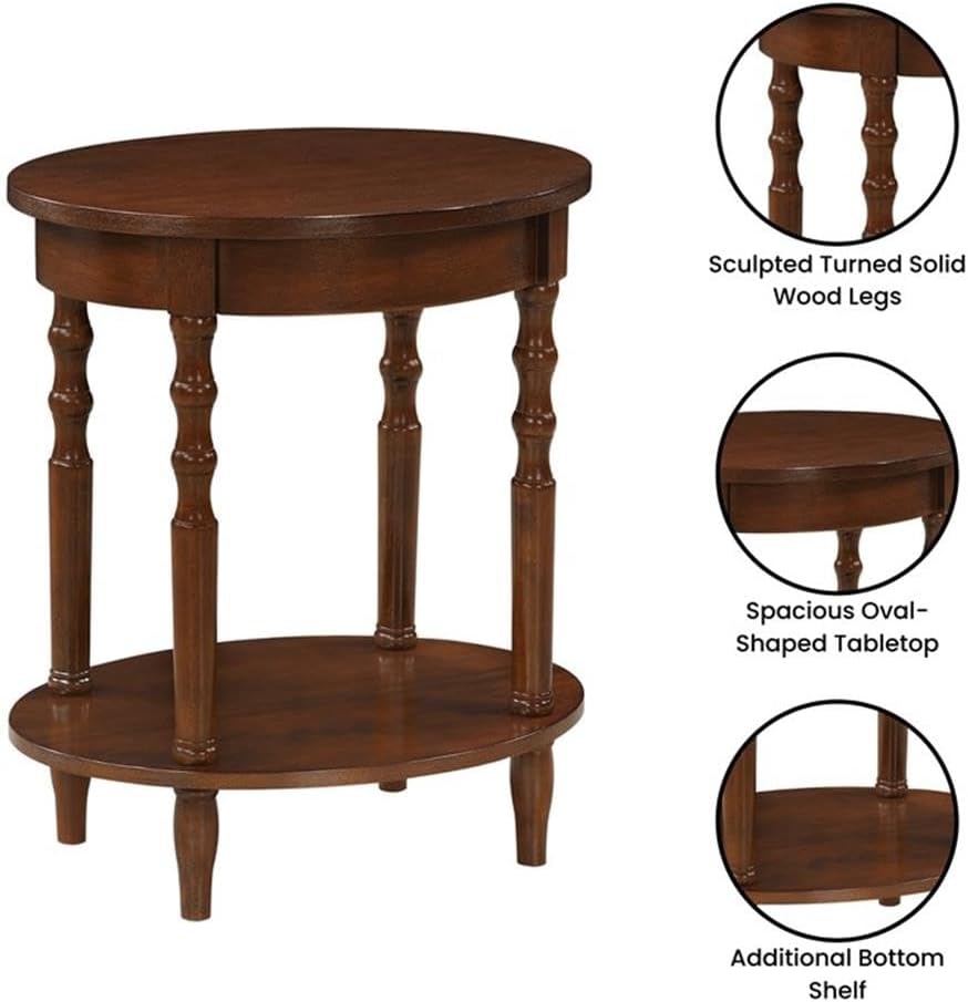 Pemberly Row Oval End Table with Shelf, 20.5 x 15.25 x 24.25 in, Solid Wood Legs, Espresso Veneer Finish, Bottom Shelf Storage, Classic Accent Table for Living Room or Bedroom Use