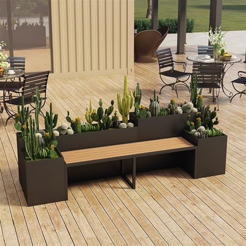Black Metal Park Planter Bench with Raised Flower Box Seat for Outdoor Patio Garden Yard Lawn Balcony Durable Weather Resistant Steel Wood Seating Set for Backyard Relaxation Large Size
