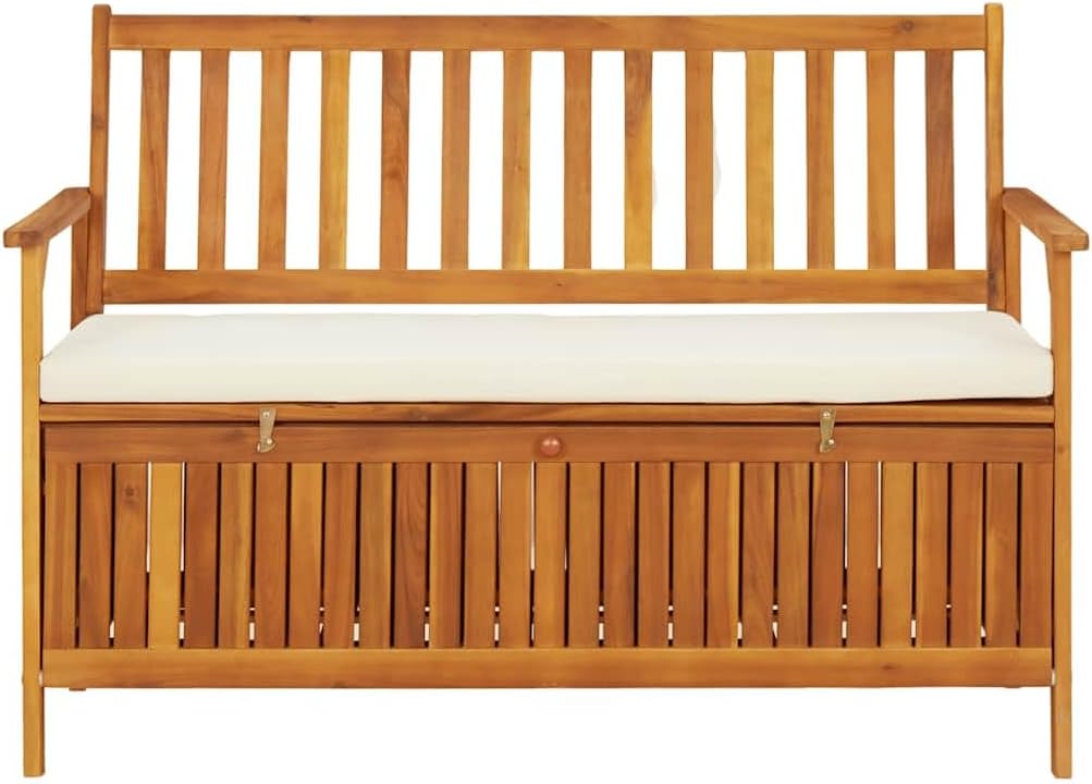 Patio Storage Bench Solid Acacia Wood Outdoor Garden Bench with Cushion, 47.2 Inch 2-Person Seating with Storage Chest for Hallway, Entryway, Backyard, Natural Brown Finish
