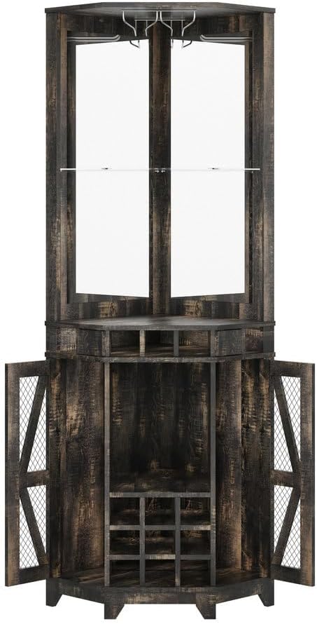 SOFTSEA Farmhouse Kitchen Pantry Cabinet with Barn Door, 72" Tall Corner Bar Cabinet with Acrylic Mirror, Wine Cabinet with Glass Rack, for Living Room Dining Room, 19.7x19.7x72 Inch, Walnut