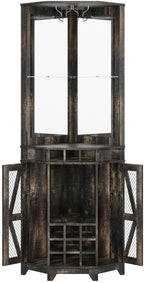SOFTSEA Farmhouse Kitchen Pantry Cabinet with Barn Door, 72" Tall Corner Bar Cabinet with Acrylic Mirror, Wine Cabinet with Glass Rack, for Living Room Dining Room, 19.7x19.7x72 Inch, Walnut