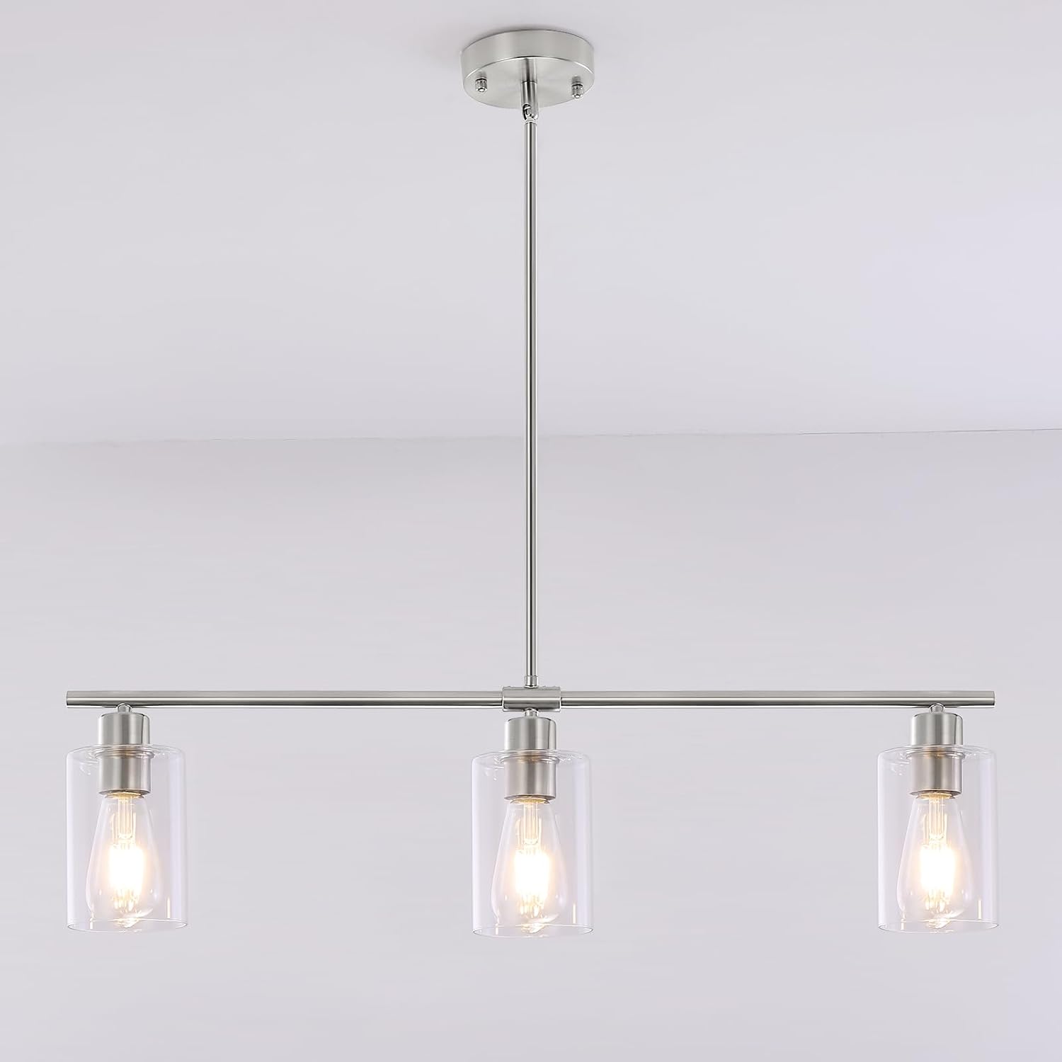 3 Lights Kitchen Island Lighting Brushed Nickel Pendant Light Fixtures with Glass Shade 31" Dining Room Chandeliers Adjustable Height Modern Linear Ceiling Hanging Light for Living Room, Foyer