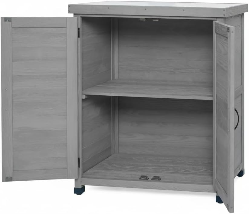31" Weatherproof Small Storage Cabinet, Storage Cabinets with Hemlock Wood, Tool Cabinet with Magnetic Door for Patio & Garage, Gray