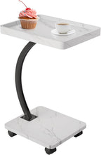 C Shaped TV Tray Table, C Shaped End Table for Couch, 2-Tier Rolling Small Side Table, Versatile Bedside & Laptop Desk, Side Table, White