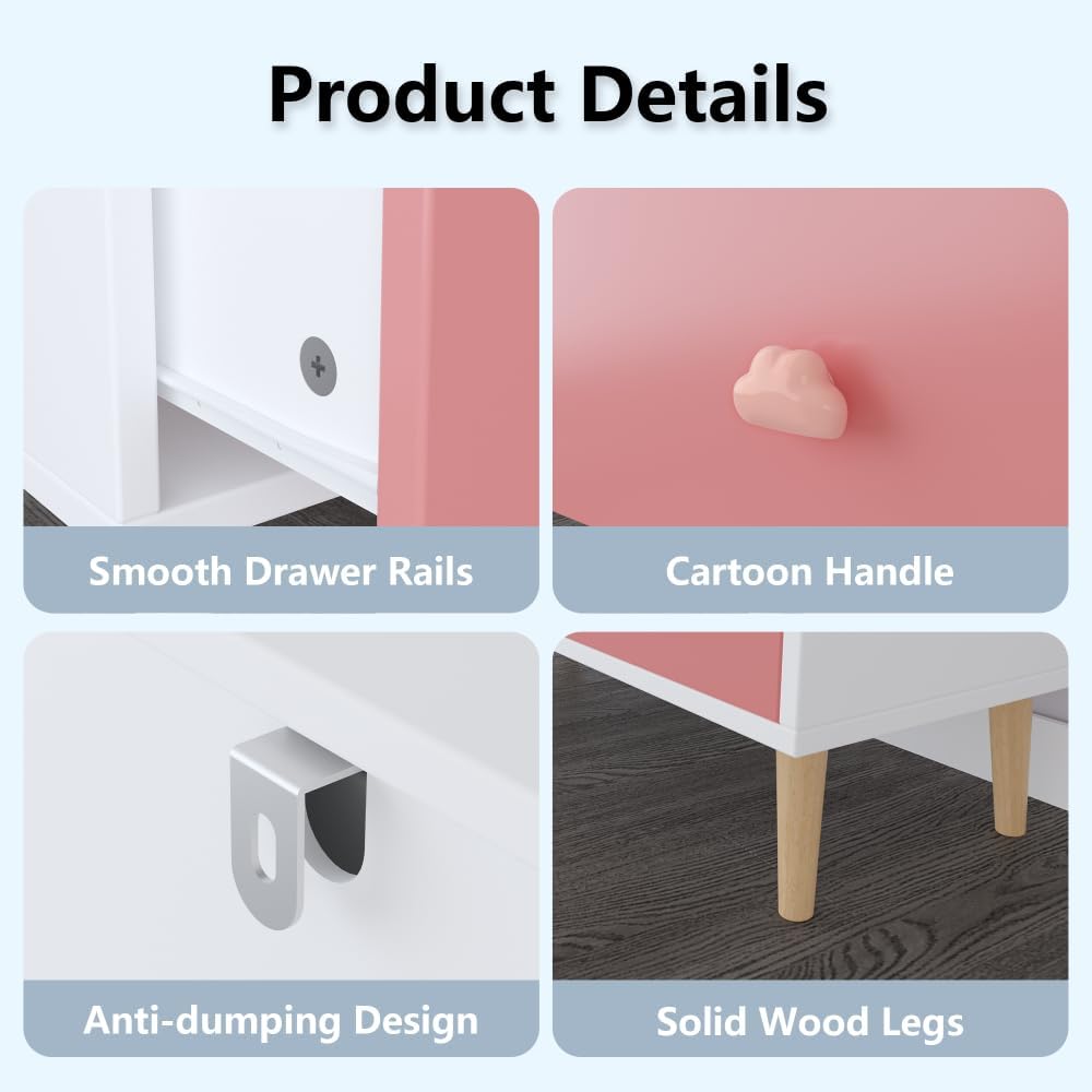 Modern Nightstand with 3 Drawer, Wooden Bedside Table for Kids Room, Toddler Childs Storage Cabinet with Euro Glides, Safety Anti-Tip Design, Easy Assembly, Colorful Finish, 2026 Upgrade (Colorful)