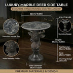 Modern End Table Black Deer Statue Side Table with Faux Marble Round top, 28" Tall 19.69" Wide Contemporary Nightstand for Living Room, Office and Reception Area Gift for Mom and Dad