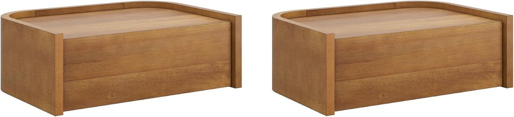 Nathan James Tyla Wall Mounted Bedside Table, Floating 1-Drawer Nightstand with Rounded Edges, Light Brown Set of 2