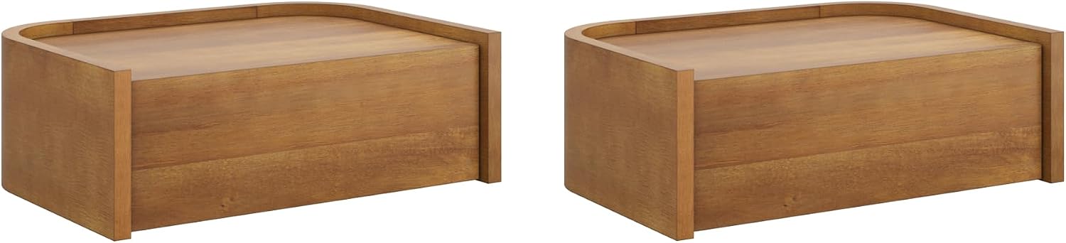 Nathan James Tyla Wall Mounted Bedside Table, Floating 1-Drawer Nightstand with Rounded Edges, Light Brown Set of 2
