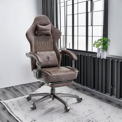 Dowinx Gaming Chair Breathable PU Leather Gamer Chair with Footrest Massage Lumbar Support, Big and Tall Ergonomic Reclining Computer Chair with Pocket Spring Cushion for Adults Teens (Brown)