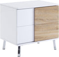 Verux White High Gloss End Table - 2 Storage Drawers, Chrome Flared Legs, Durable MDF Living Room Decor, Modern Home Accent