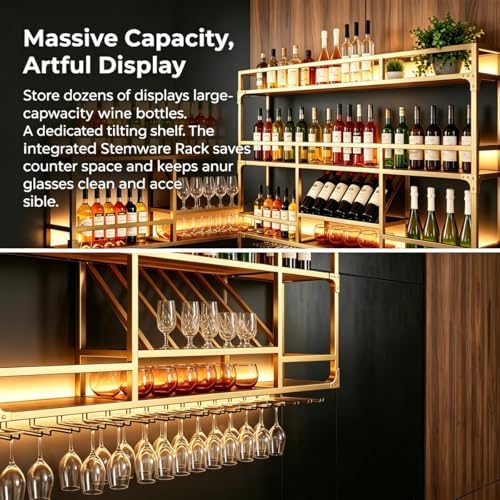 59in Wall Mounted Wine Rack, Floating Industrial Liquor Glass Holder 3 Tiers, Large Metal Wine Bottle Display Rack Hanging Shelf, for Home Bar Dining Room Decorative