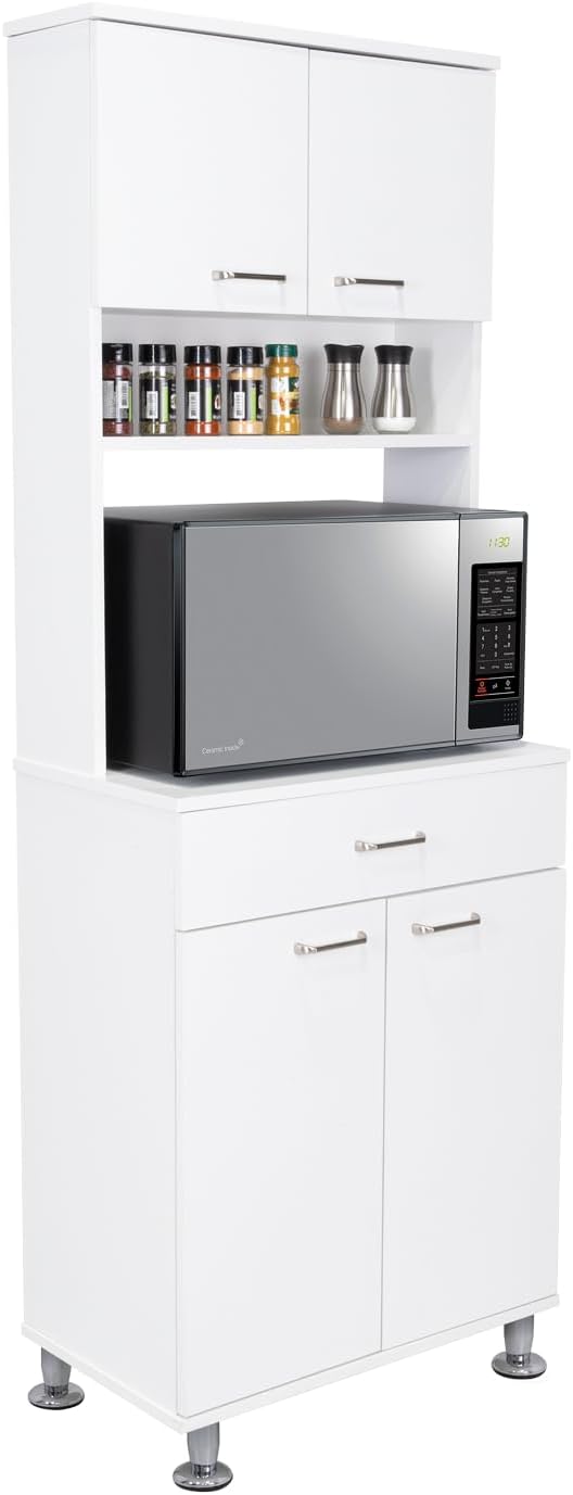 Bay Area Pantry with Two Door Cabinets, One Drawer and Adjustable Metal Legs - White