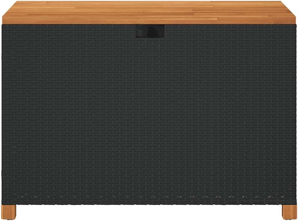 Patio Storage Box Black Poly Rattan with Acacia Wood 43.3"x21.7"x24.8" Weather Resistant Deck Chest Bench for Garden Yard Porch Backyard Outdoor Use