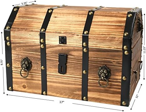 Vintiquewise Wooden Treasure Chest Trunk Vintage-Style Storage Box with Leather Straps Brass Rivets Lion Head Ornaments & Latch Closure Decorative Accent and Functional Organizer for Home Décor, Small