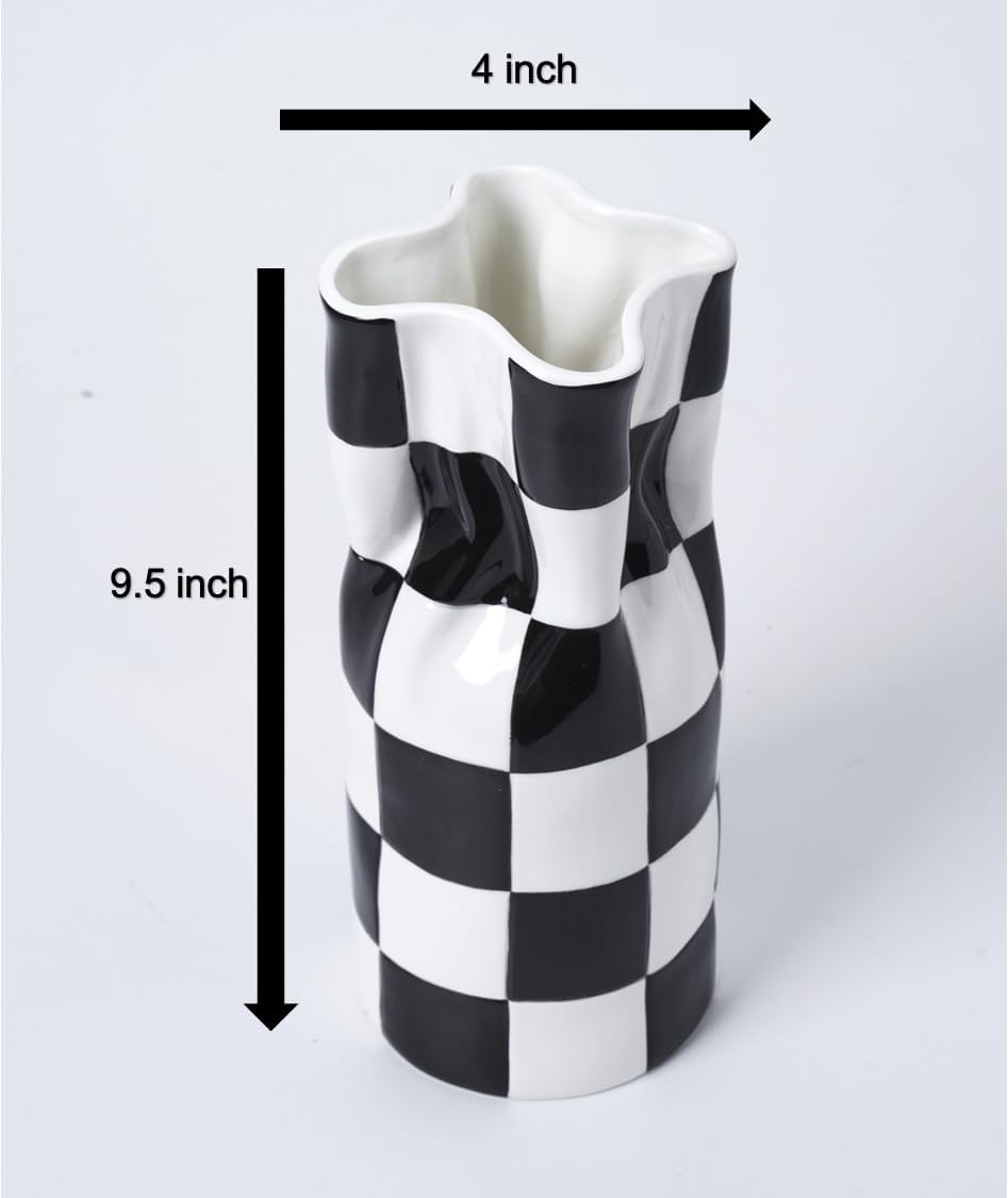 Ceramic Modern Checker Vase for Home Decor, Aesthetic Decoration for Livng Room, Bedroom, Kitchen, Minimalism Abstract Flower Vase Boho Chi, Wabi-Sabi, Hand-Pinched Pottery