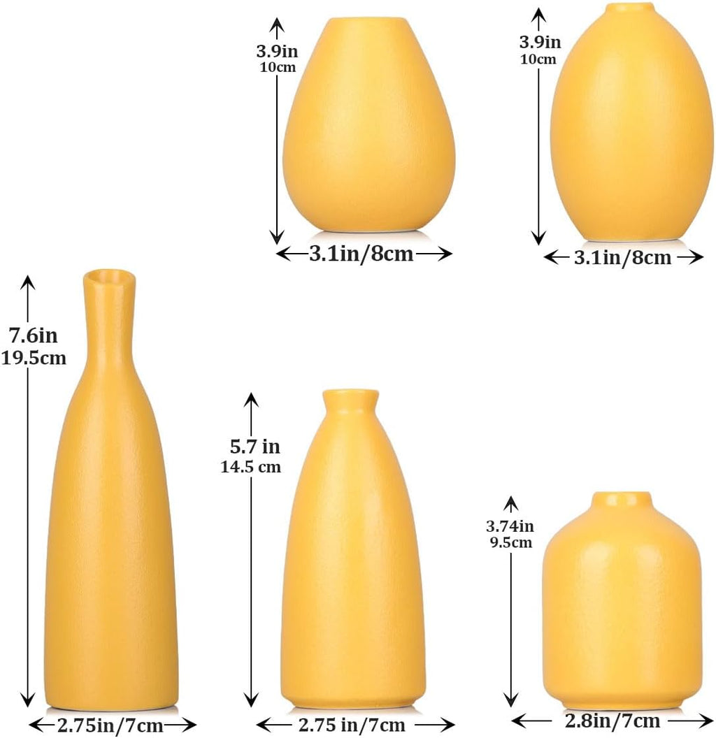 Yellow Ceramic Bud Vases Set of 5, Farmhouse & Fireplace Decor, Multipurpose Home Decoration for Living Room, Entrance, Bathroom, Kitchen & Office, Coffee Table Decor, Bulk Bud Vases