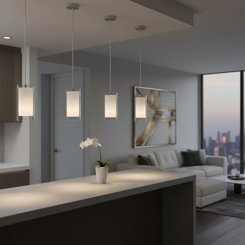 AKEZON Modern Glass Pendant Light 2 Pack, Adjustable Hanging Kitchen Island Lights Pendant Lighting Fixture Dining Room Bathroom Hallway Bar, Brushed Nickel Finish