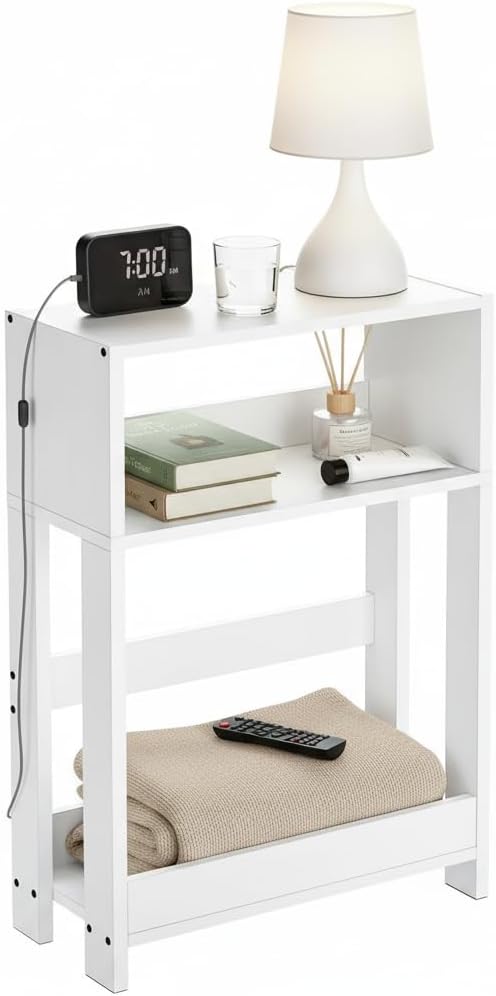 Narrow Side Table, 7 Inch Slim Bamboo Nightstand with 3-Tier Storage & Built-in Bookshelf, Small Space-Saving End Table for Living Room, Bedroom, Couch