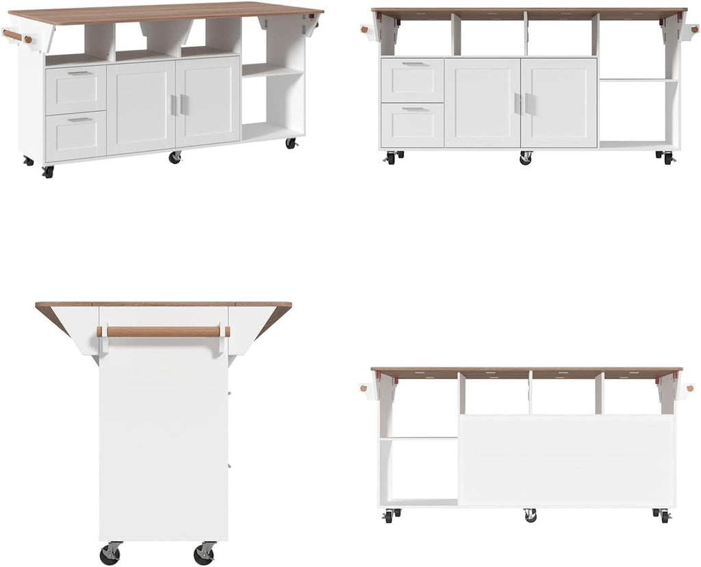 Rolling Kitchen Island Cart with Storage, Mobile Kitchen Island on Wheels with Drop Leaf & 2 Drawers, Adjustable Shelf, Towel Rack & Brown Tabletop, White, 70.9”W x 31.7”D x 35.4”H