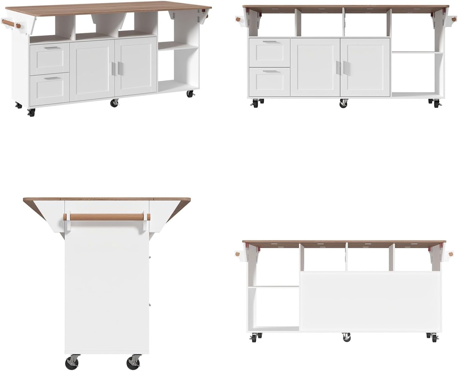 Rolling Kitchen Island Cart with Storage, Mobile Kitchen Island on Wheels with Drop Leaf & 2 Drawers, Adjustable Shelf, Towel Rack & Brown Tabletop, White, 70.9”W x 31.7”D x 35.4”H